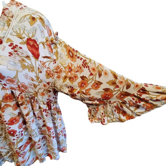 Rachel Zoe Med Floral Peasant Hippie V-Neck Blouse White Orange Ruffel Sleeve - Picture 6 of 10